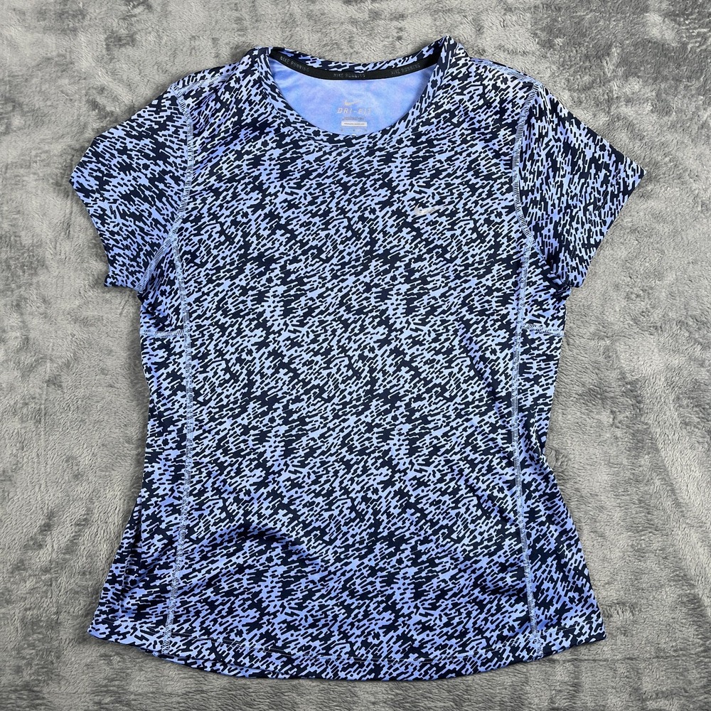 Nike Dri Fit Running Top Womens Medium Blue Black Abstract Yoga Moisture Wicking